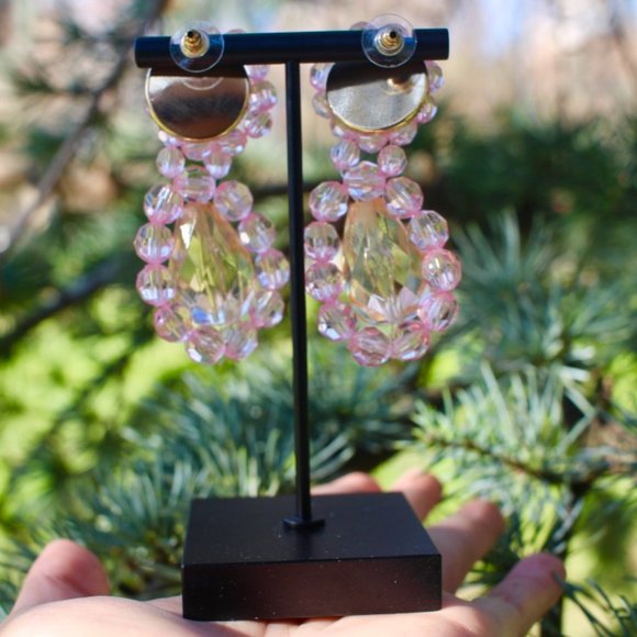 New Clear Crystal Acrylic Dangle Drop Earrings Pink Big Dangle Fresh Spring - Picture 11 of 13